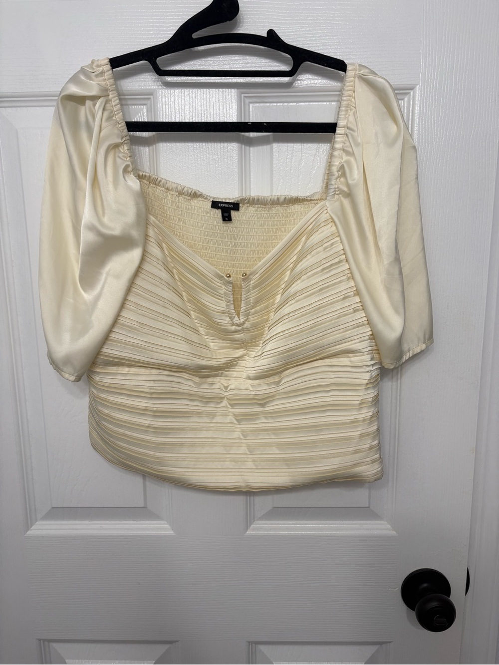 Express Cream Ruched Satin Puff-Sleeve Square Neck Top